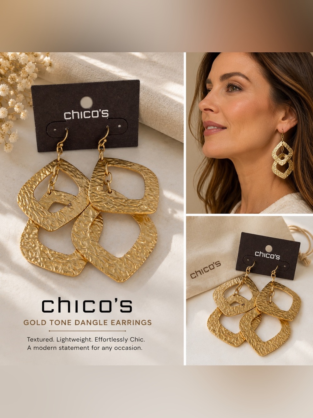 Chico’s Gold Tone Textured Geometric Dangle Earrings 🆕✨✨